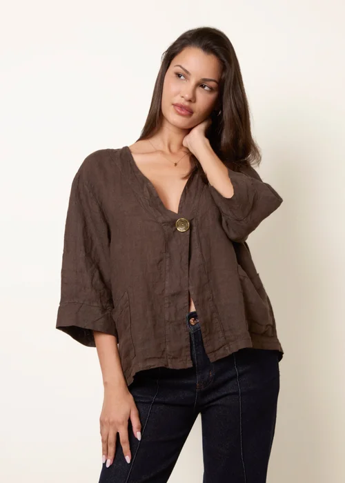 Blue Vanilla Brown One Button Linen Blazer - M/L Image 1