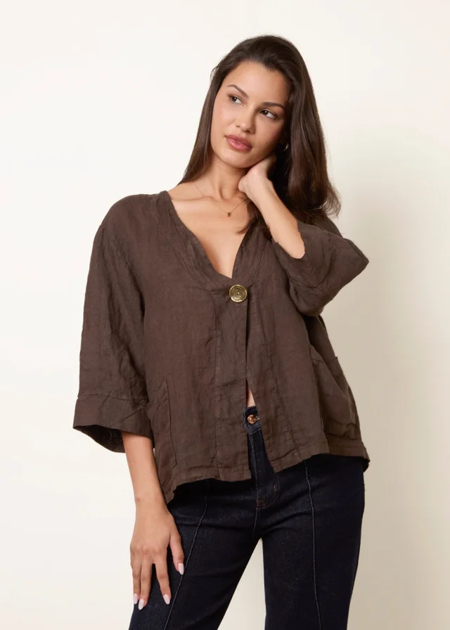 Blue Vanilla Brown One Button Linen Blazer