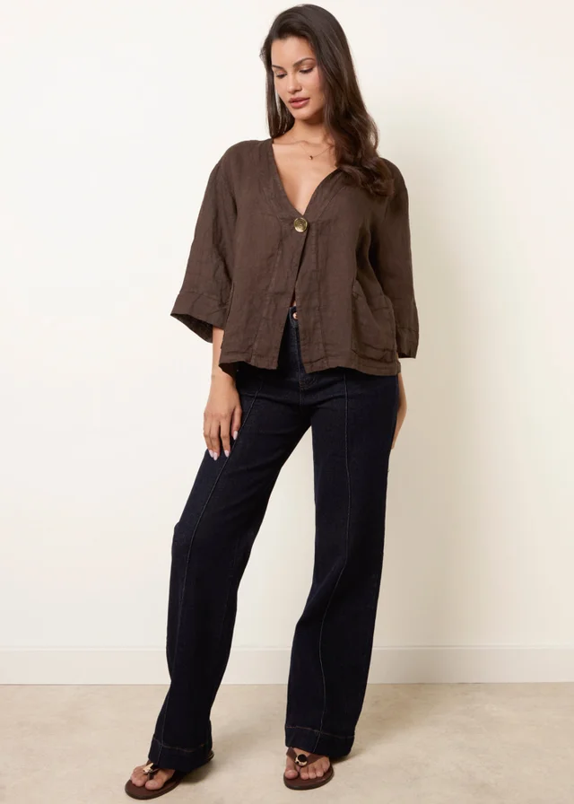 Blue Vanilla Brown One Button Linen Blazer