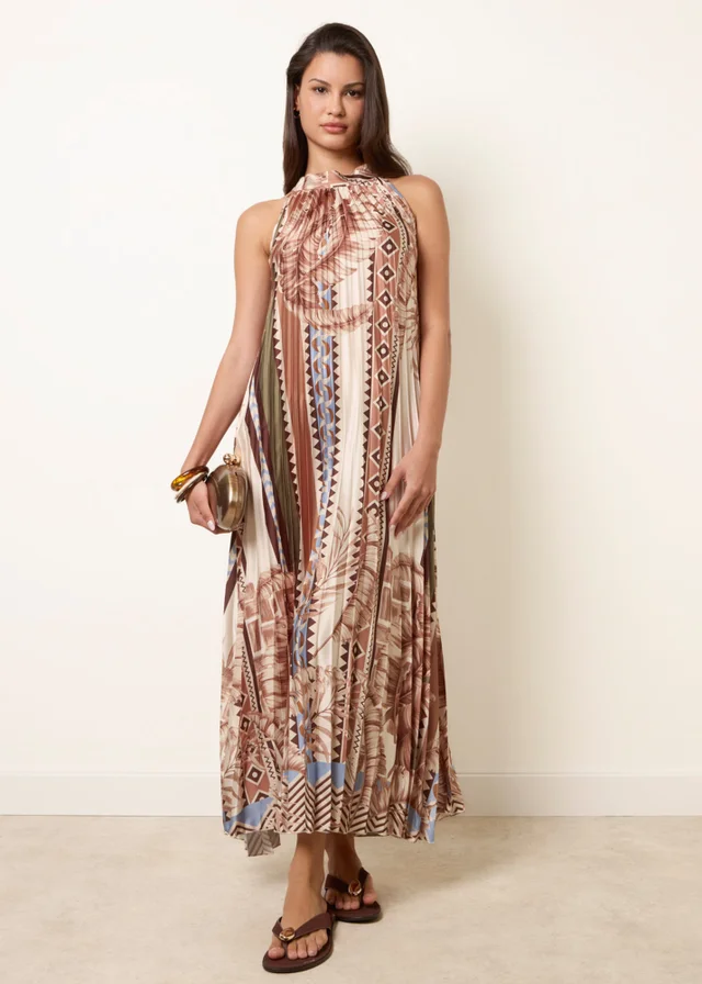Blue Vanilla Beige Satin Pleated Dress