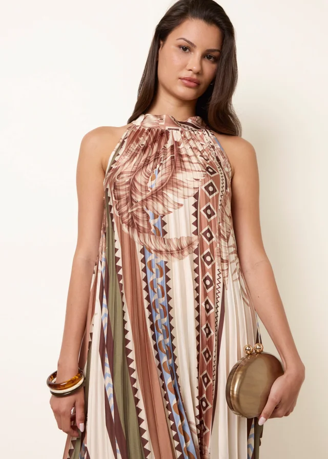 Blue Vanilla Beige Satin Pleated Dress