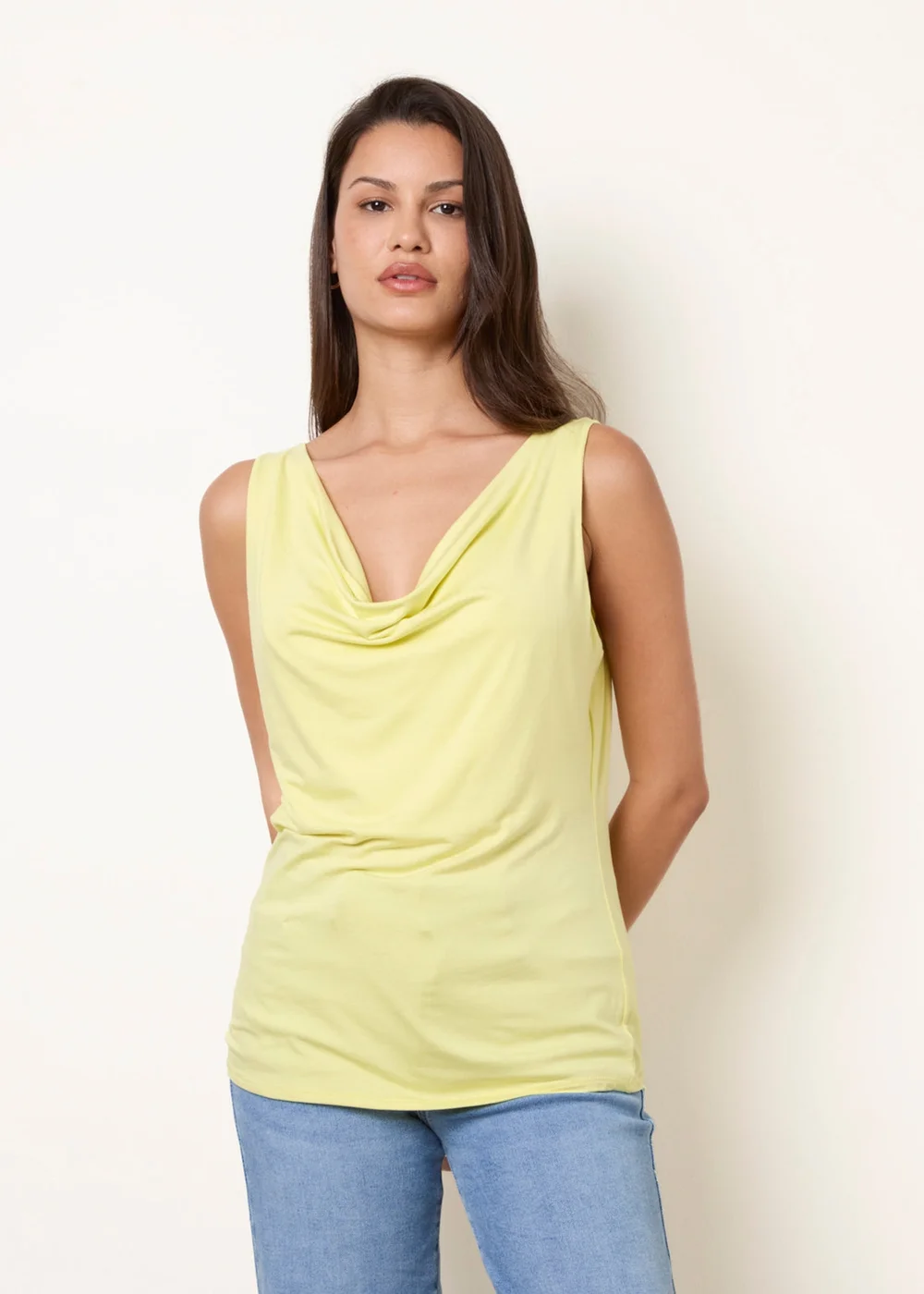 Blue Vanilla Yellow Sleeveless Cowl Neck Viscose Jersey Top - One Size Image 2