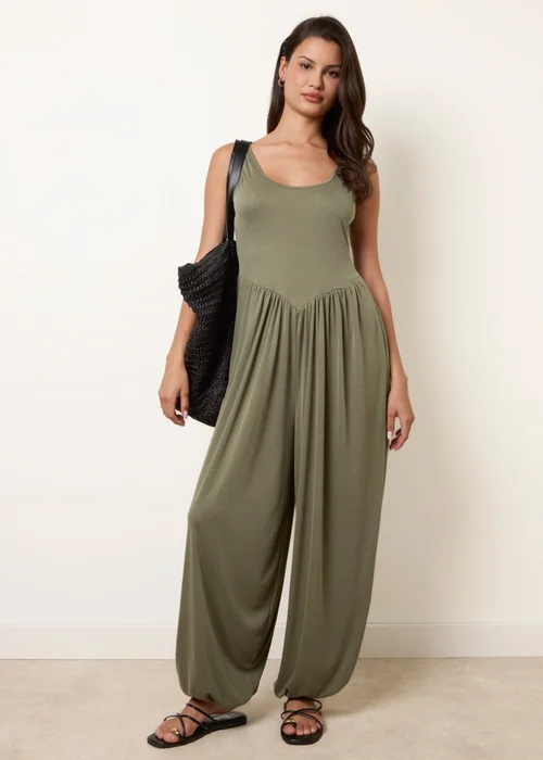 Blue Vanilla Khaki Jersey Balloon Leg Jumpsuit With Pockets - One Size Image 2
