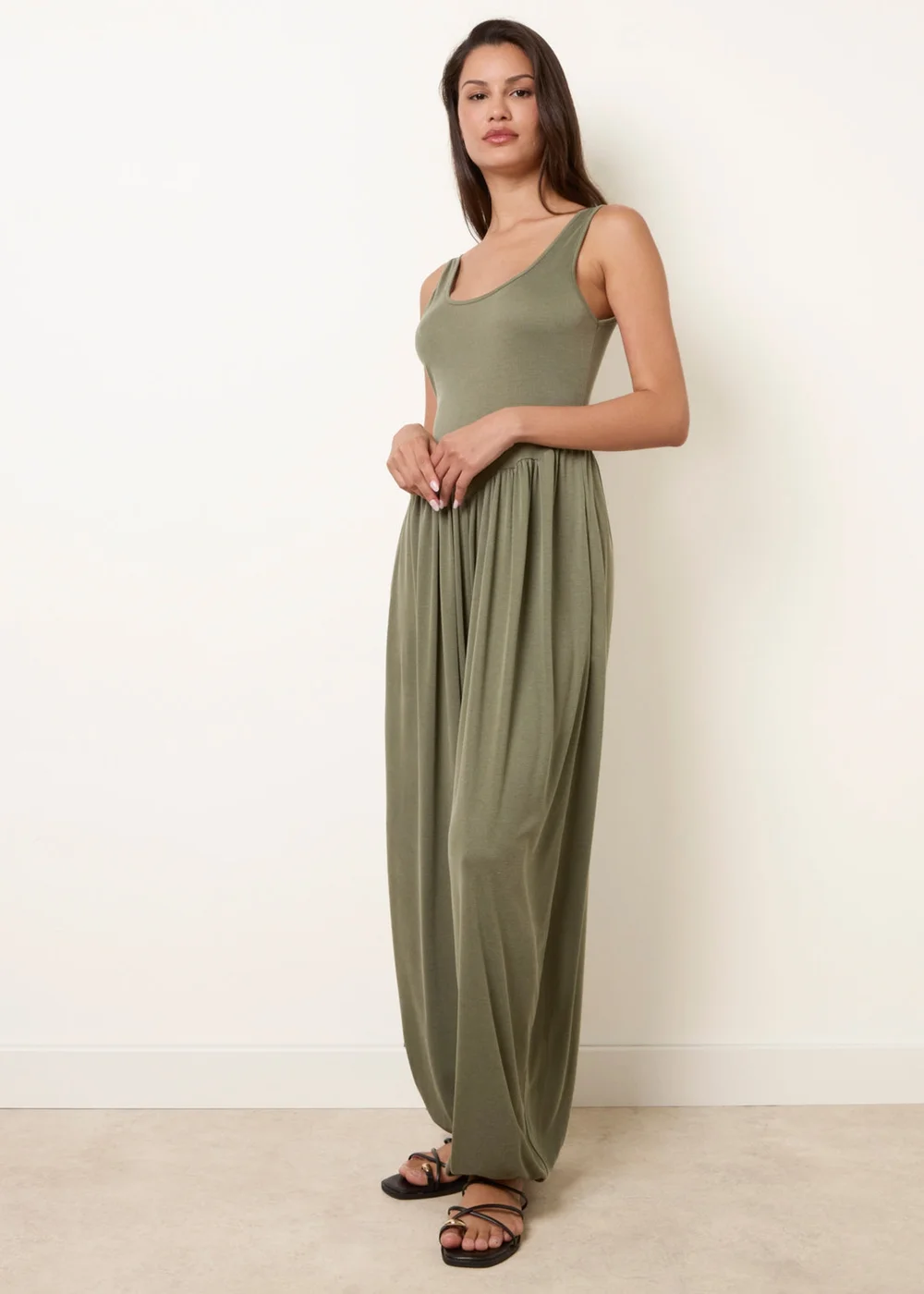 Blue Vanilla Khaki Jersey Balloon Leg Jumpsuit With Pockets - One Size Image 1