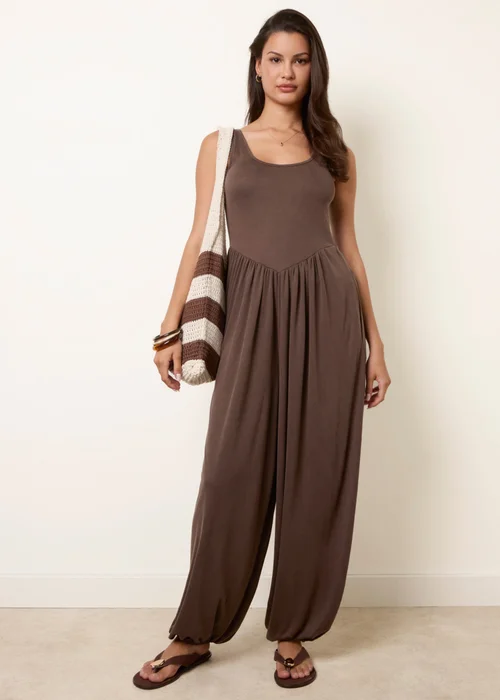 Blue Vanilla Brown Jersey Balloon Leg Jumpsuit With Pockets - One Size Image 3