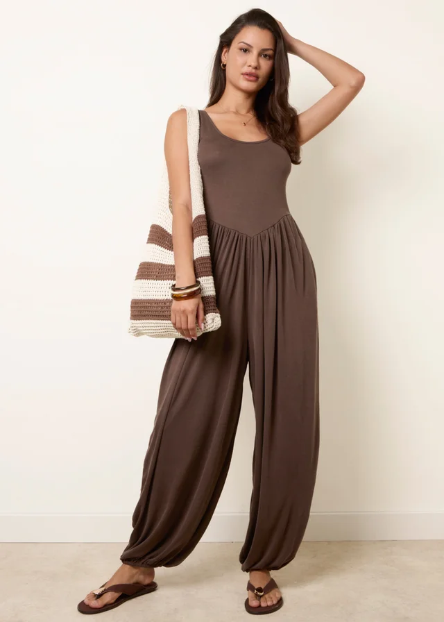 Blue Vanilla Brown Jersey Balloon Leg Jumpsuit With Pockets
