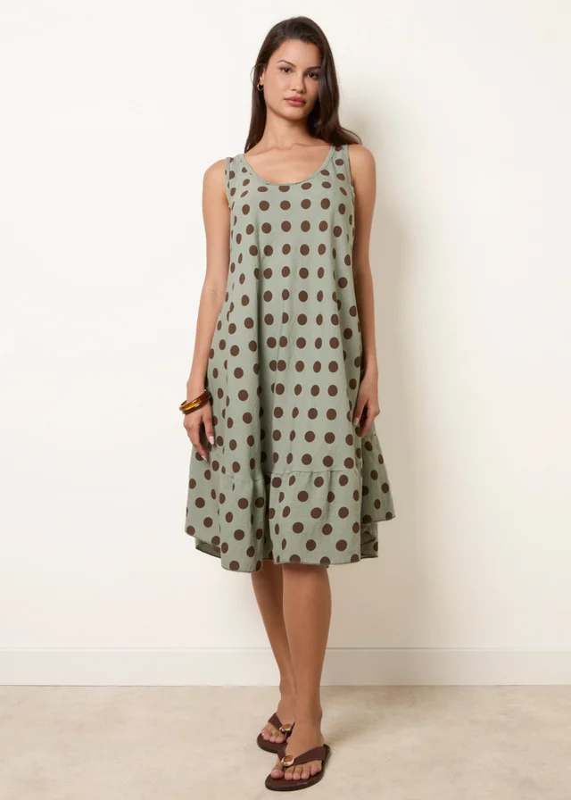 Blue Vanilla Green Polka Dot Linen Like Dress