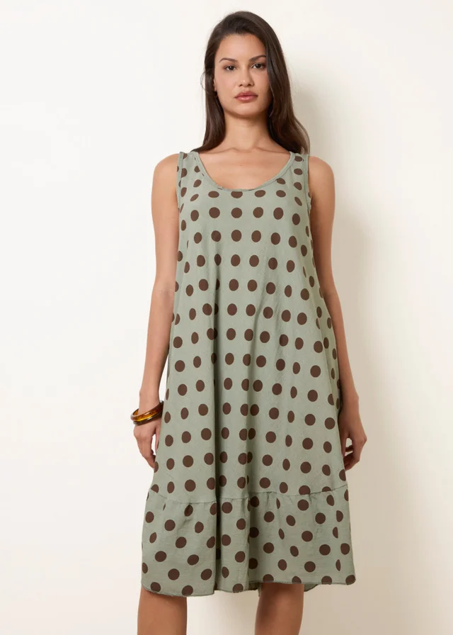 Blue Vanilla Green Polka Dot Linen Like Dress