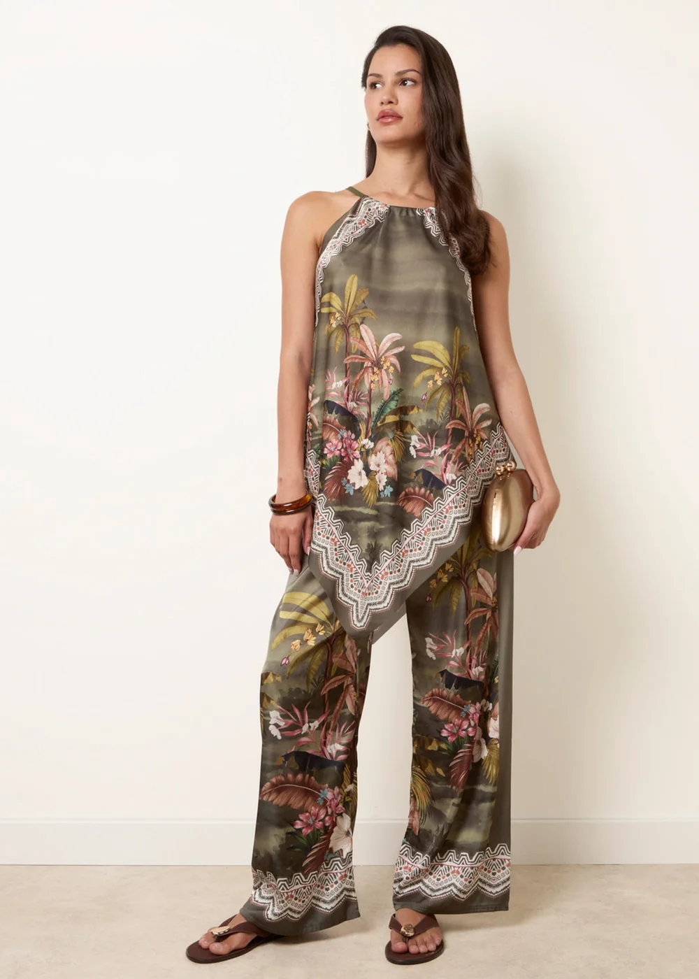 Blue Vanilla Khaki Palm Tree Print in Two Piece Set - S/M Image 2