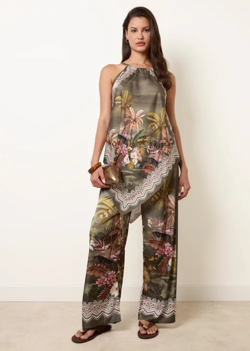 Blue Vanilla Khaki Palm Tree Print in Two Piece Set - S/M Image 1