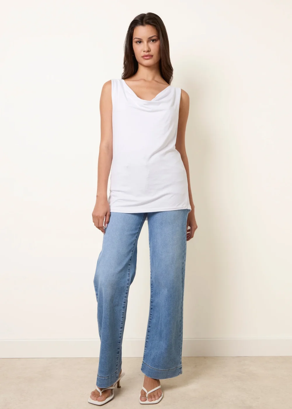 Blue Vanilla White Sleeveless Cowl Neck Viscose Jersey Top - One Size Image 2