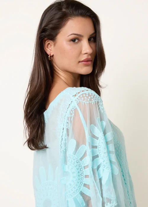 Blue Vanilla Aqua Sun Flower Lace Sleeve Blouse - S/M Image 3