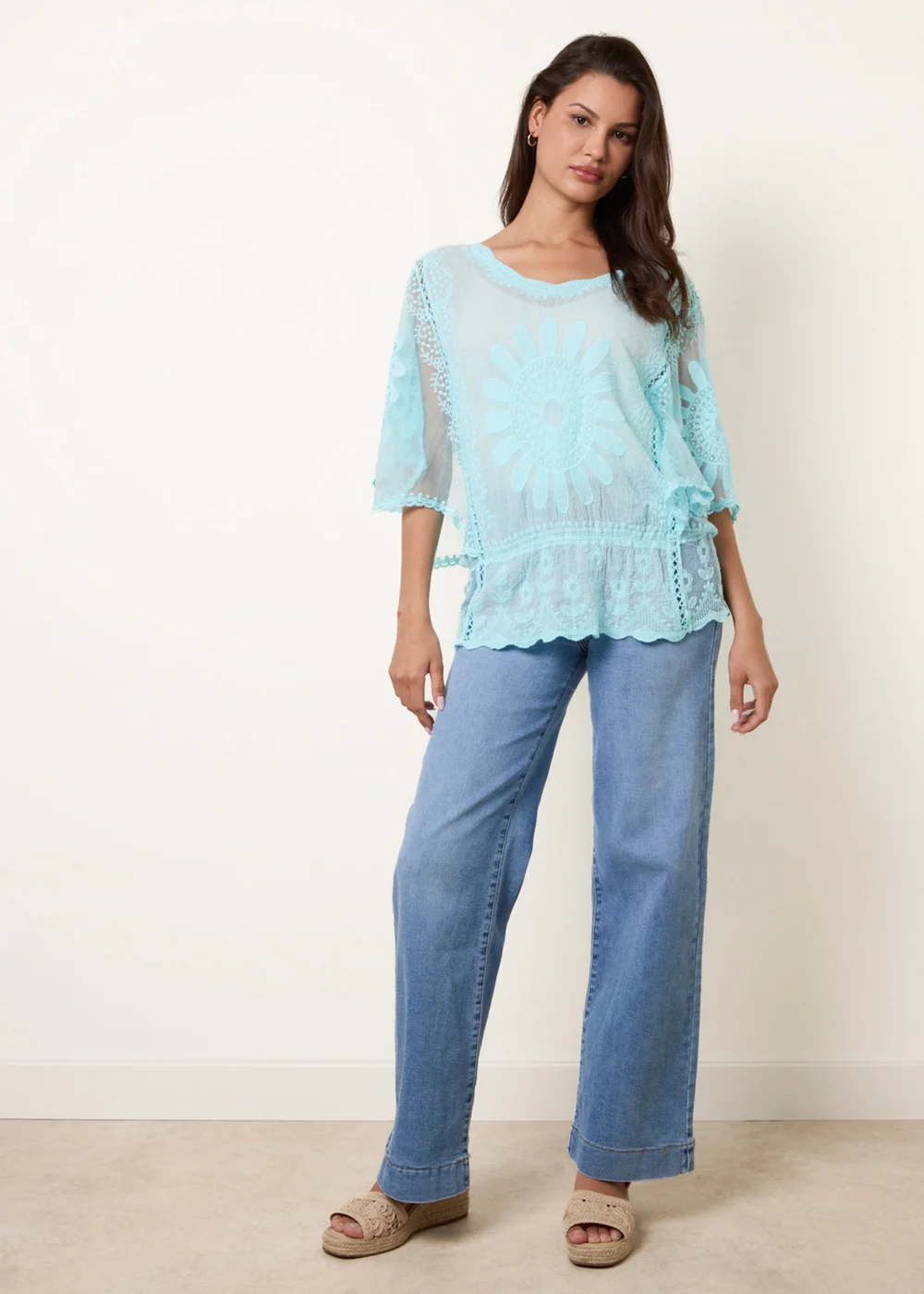 Blue Vanilla Aqua Sun Flower Lace Sleeve Blouse - S/M Image 1