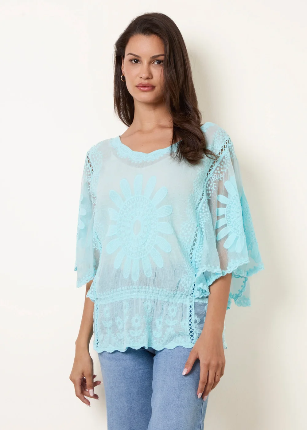 Blue Vanilla Aqua Sun Flower Lace Sleeve Blouse - S/M Image 2
