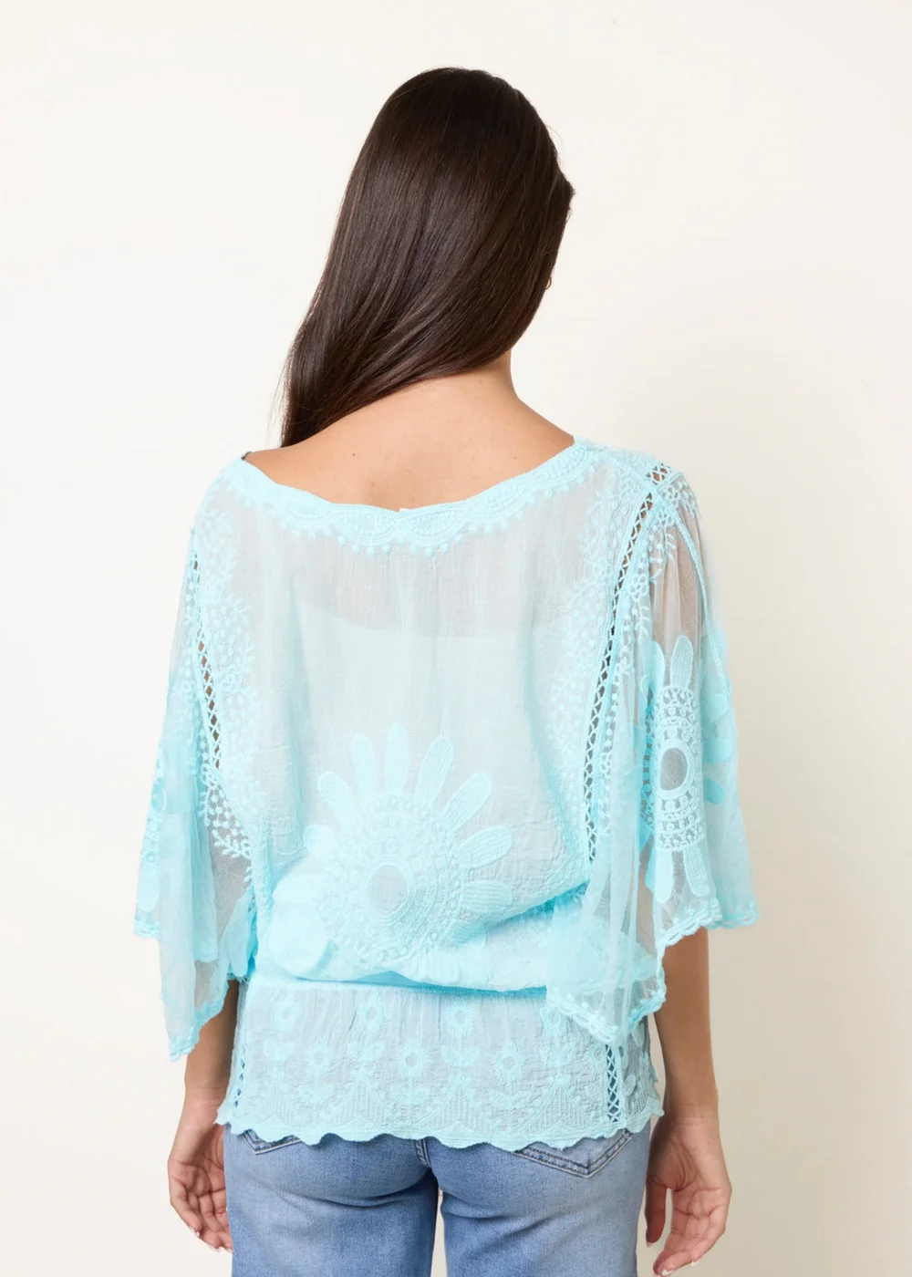 Blue Vanilla Aqua Sun Flower Lace Sleeve Blouse - S/M Image 4