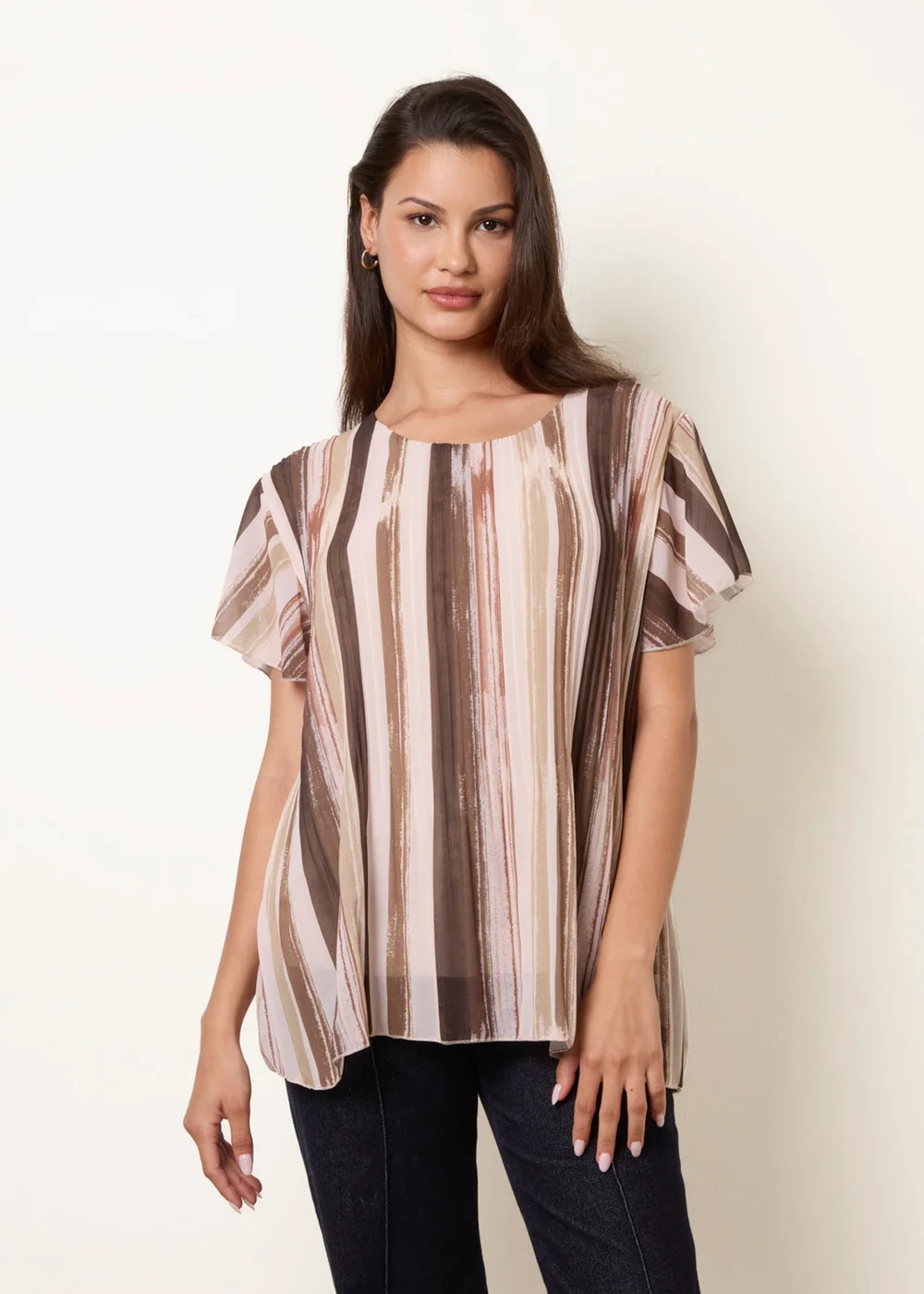 Blue Vanilla Beige Short Sleeve Pleated Paint Top - S/M Image 1