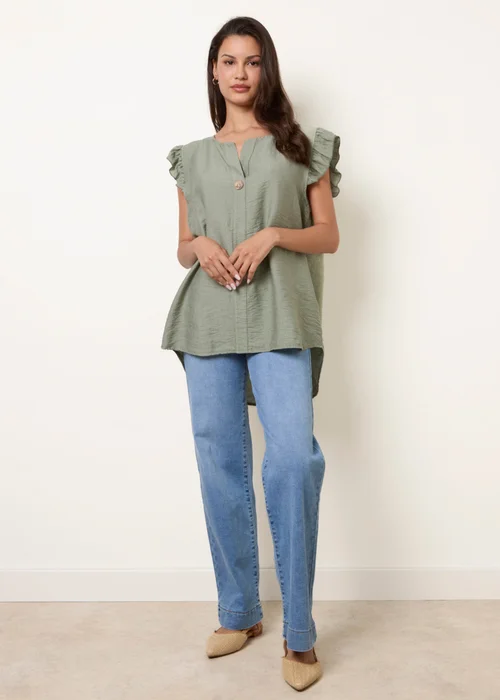 Blue Vanilla Khaki One Button Frill Sleeve Top - One Size Image 3