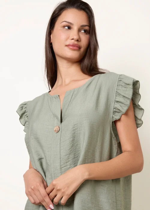 Blue Vanilla Khaki One Button Frill Sleeve Top - One Size Image 2