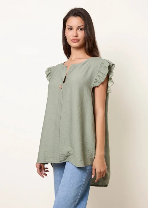 Blue Vanilla Khaki One Button Frill Sleeve Top - One Size Image 1