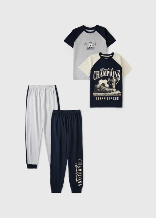 2 Pack Boys Navy Football Champion Pyjamas (7-13 yrs) - Age 7 Years Image 1