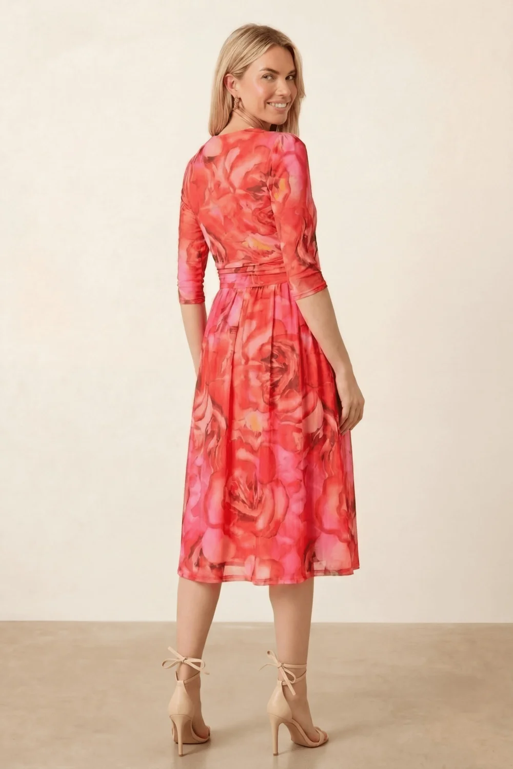 Style Cheat Pink Orange Floral Mesh Wrap Midi Dress - 10 Image 4