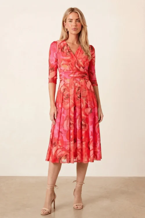 Style Cheat Pink Orange Floral Mesh Wrap Midi Dress - 10 Image 1