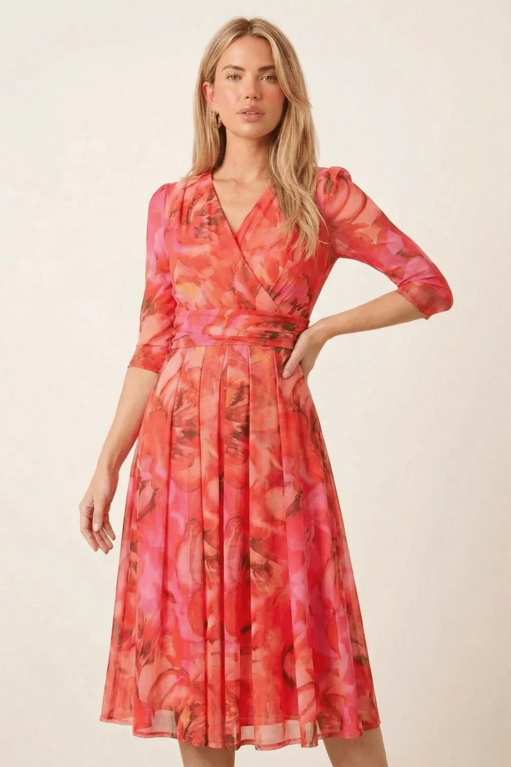 Style Cheat Pink Orange Floral Mesh Wrap Midi Dress - 10 Image 2