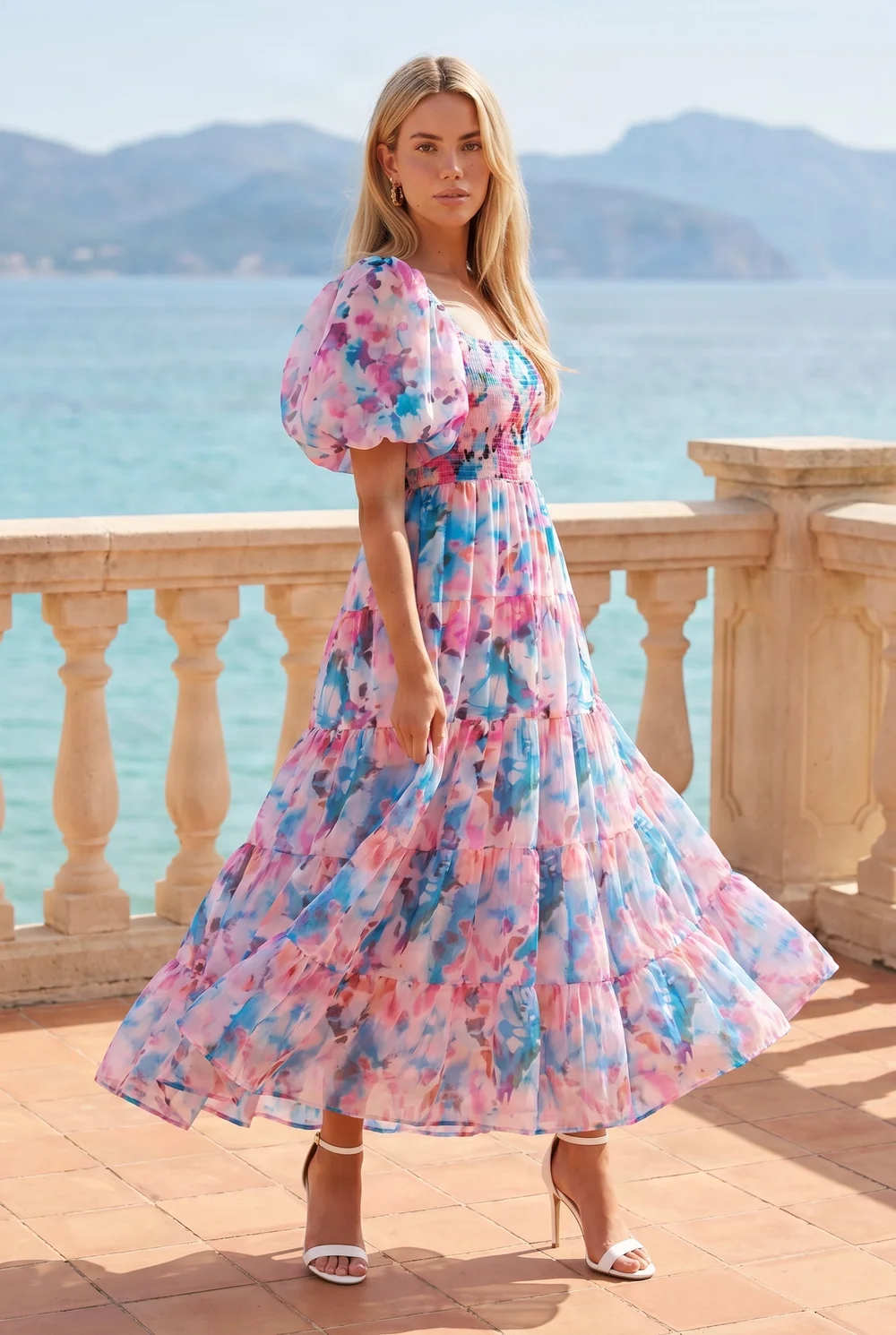 Square Neck Pink Blue Puff Sleeve Midi Dress Floral Watercolour - 12 Image 1