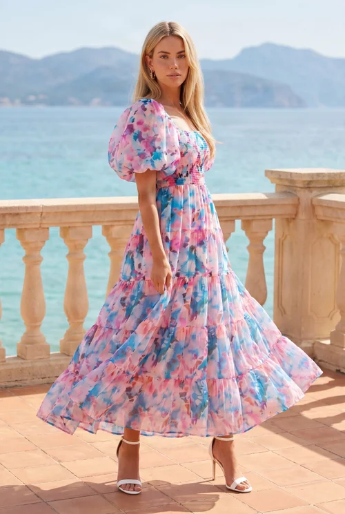 Square Neck Pink Blue Puff Sleeve Midi Dress Floral Watercolour - 12 Image 1