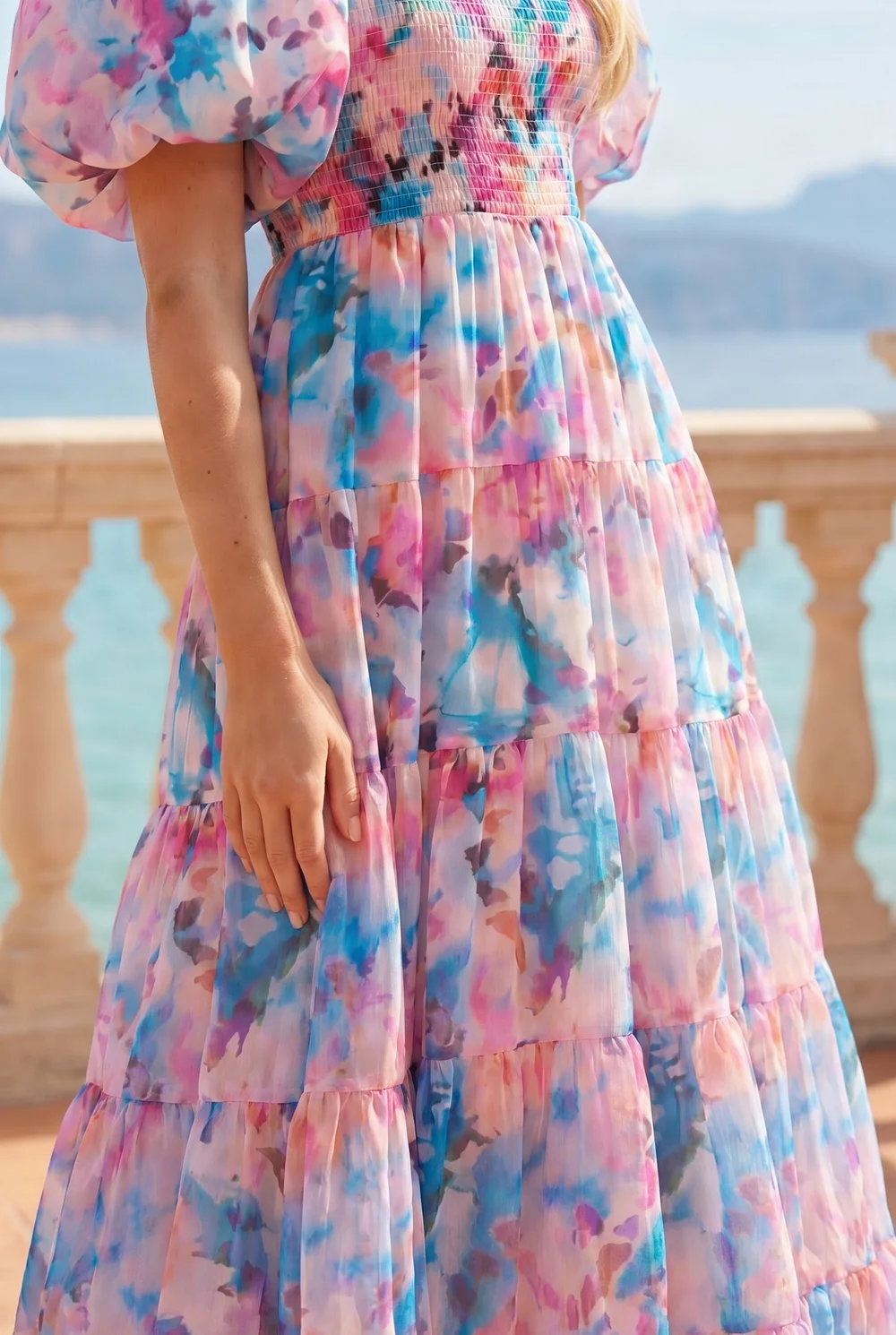 Square Neck Pink Blue Puff Sleeve Midi Dress Floral Watercolour - 12 Image 4