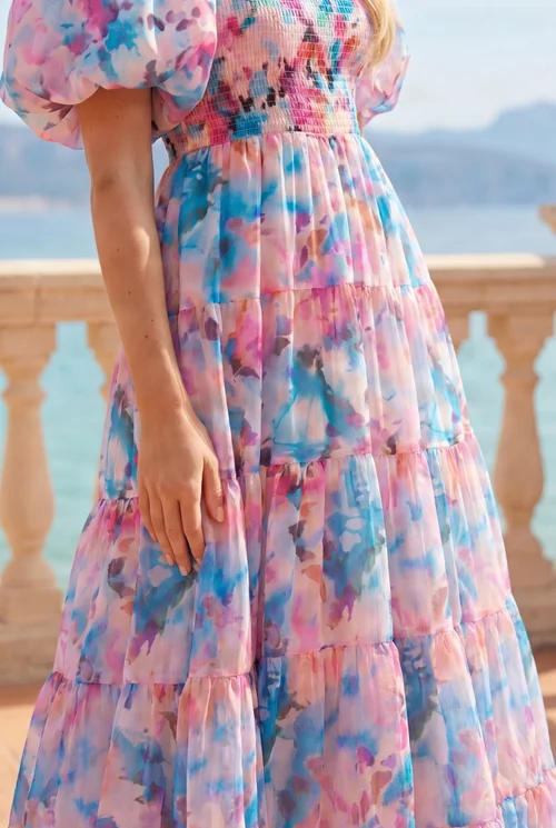 Square Neck Pink Blue Puff Sleeve Midi Dress Floral Watercolour - 12 Image 4