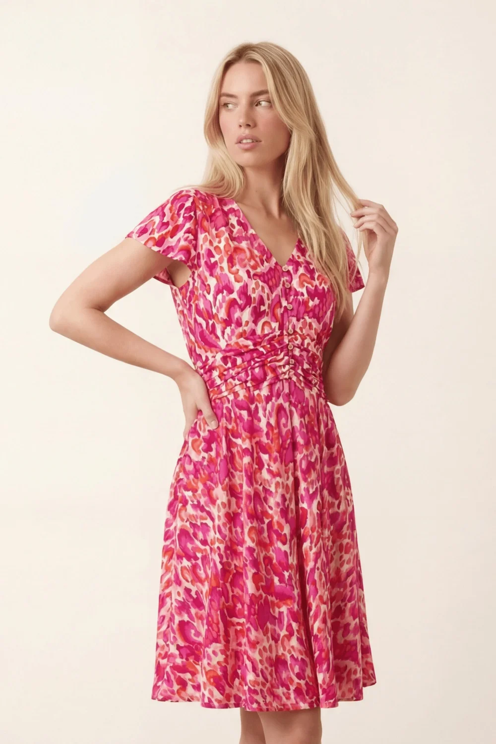 Style Cheat Pink Abstract Floral Mini Dress With V-neck Pockets - 14 Image 2