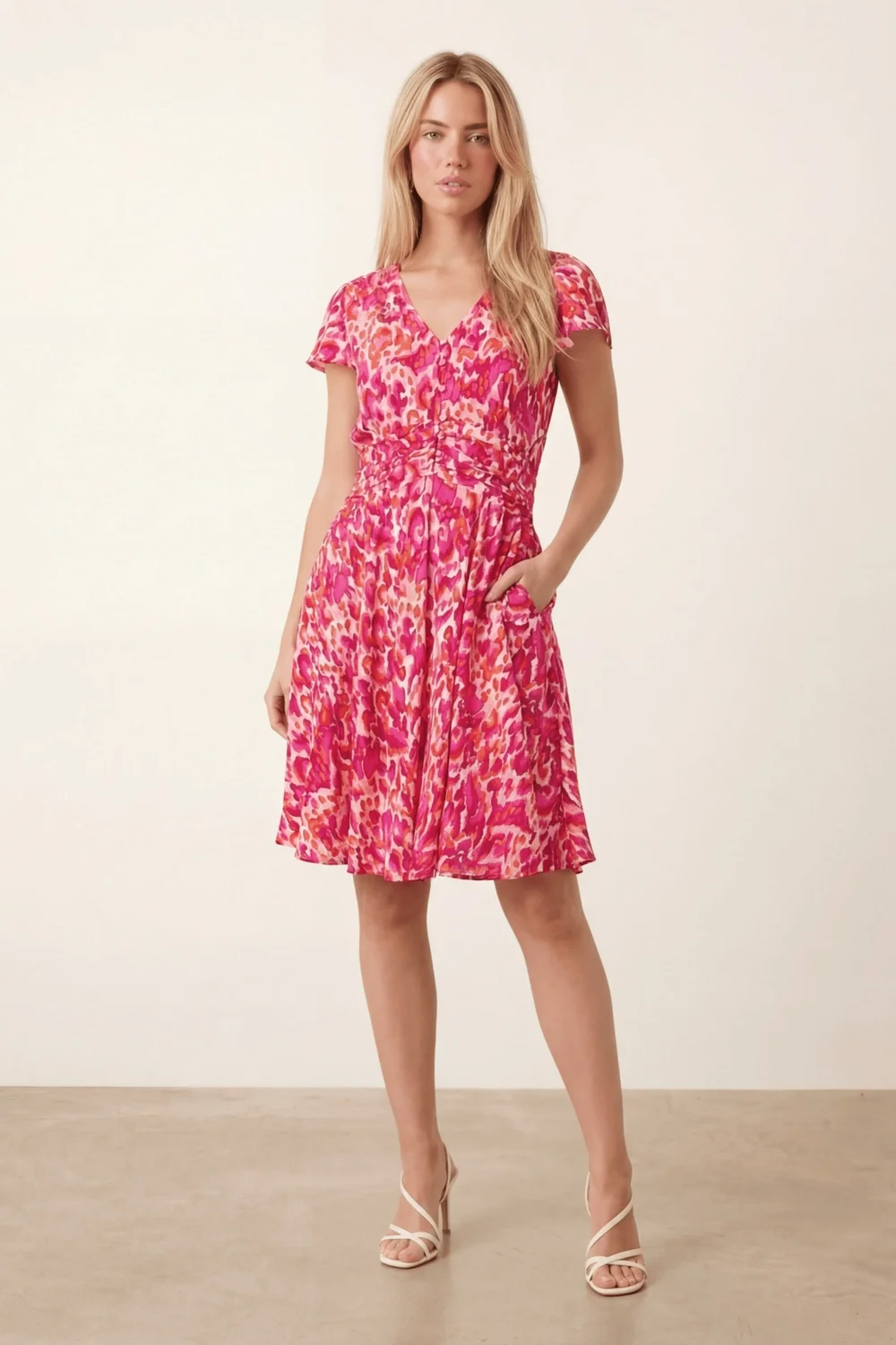 Style Cheat Pink Abstract Floral Mini Dress With V-neck Pockets - 14 Image 1