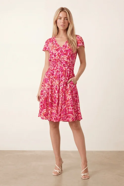 Style Cheat Pink Abstract Floral Mini Dress With V-neck Pockets - 14 Image 1