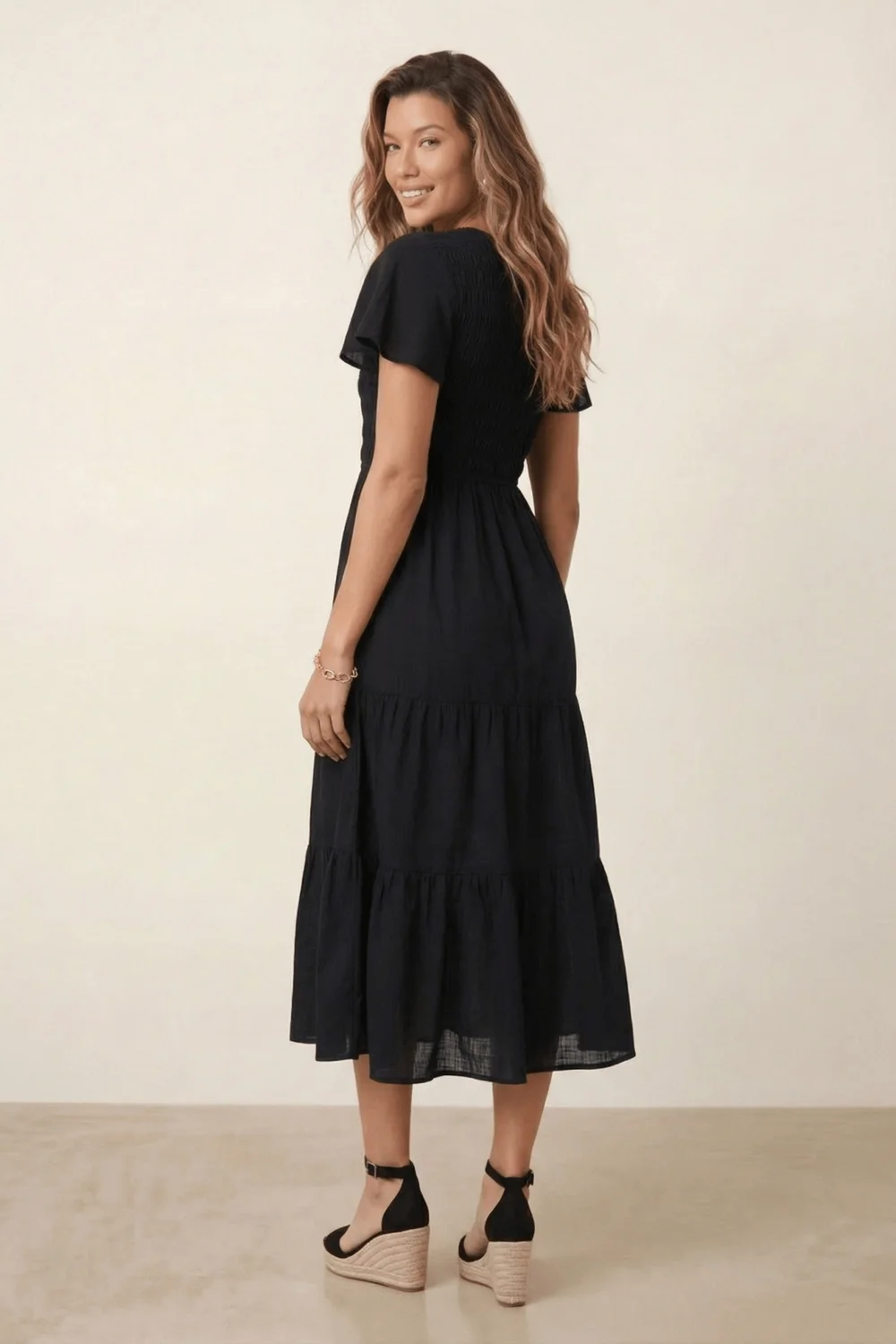 Style Cheat Black V Neck Shirred Midi Dress - 12 Image 1