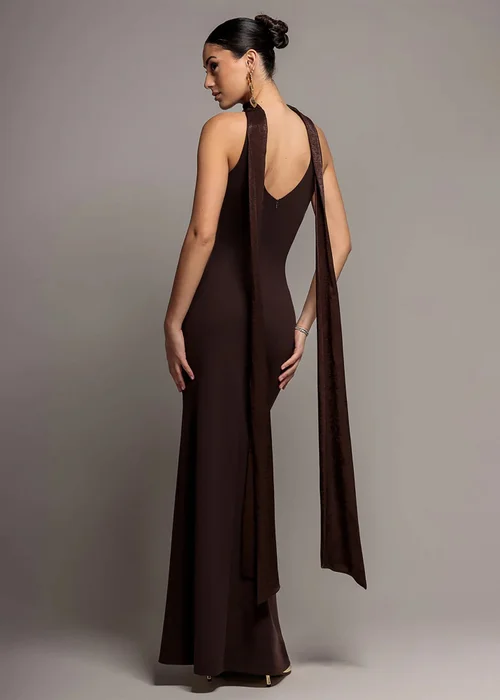 Goddiva Brown Scuba & Velvet Satin Halterneck Maxi Dress With Back Sash - 10 Image 2
