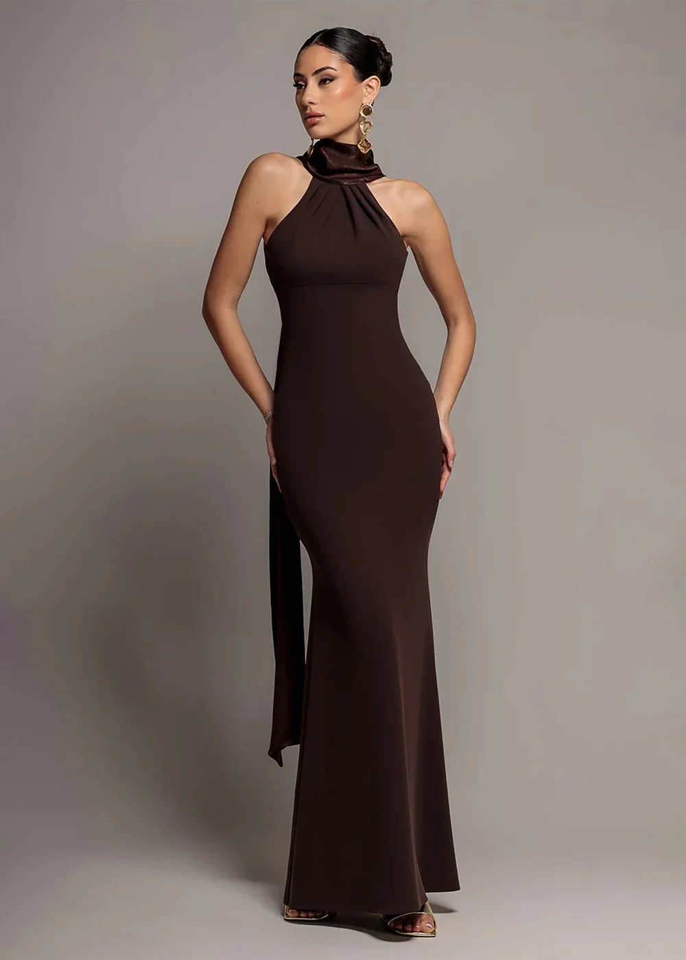 Goddiva Brown Scuba & Velvet Satin Halterneck Maxi Dress With Back Sash - 10 Image 1