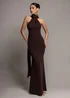 Goddiva Brown Scuba & Velvet Satin Halterneck Maxi Dress With Back Sash - 10 Image 1
