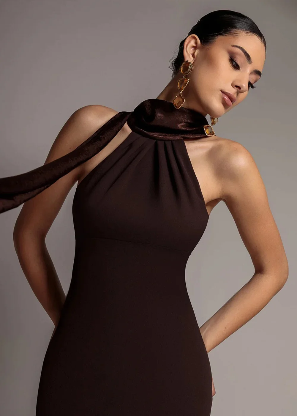 Goddiva Brown Scuba & Velvet Satin Halterneck Maxi Dress With Back Sash - 10 Image 3