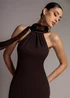 Goddiva Brown Scuba & Velvet Satin Halterneck Maxi Dress With Back Sash - 10 Image 3