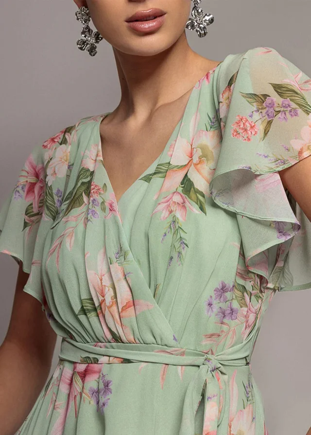 Goddiva Sage Green Flutter Sleeve Chiffon Midaxi Wrap Dress