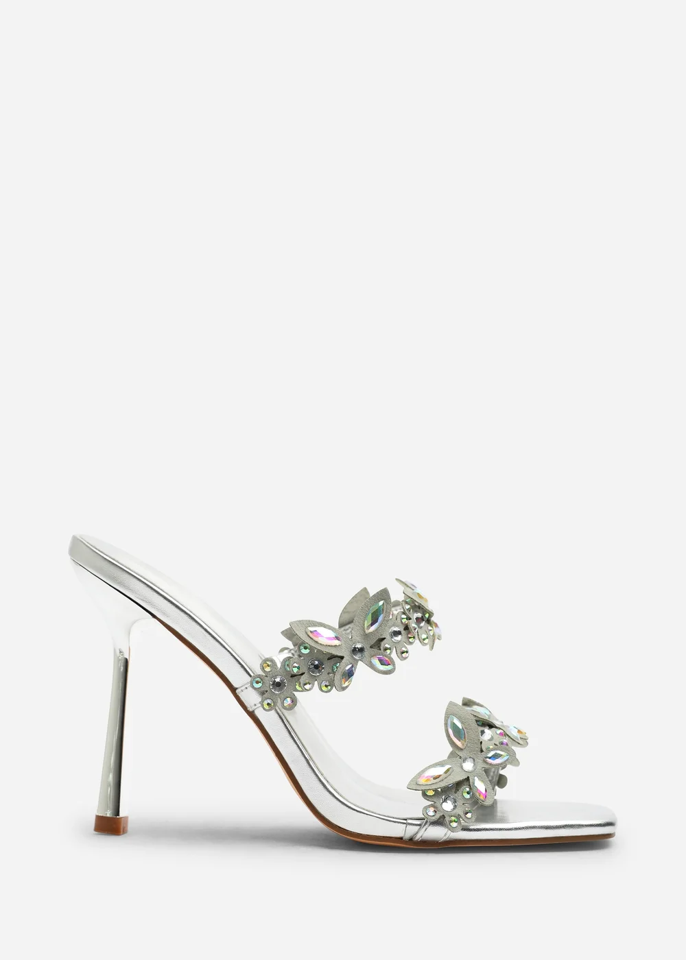 Where's That From Dazira Silver Cut Out Flower Trim Detail Heeled Mules - Size 6 Image 1