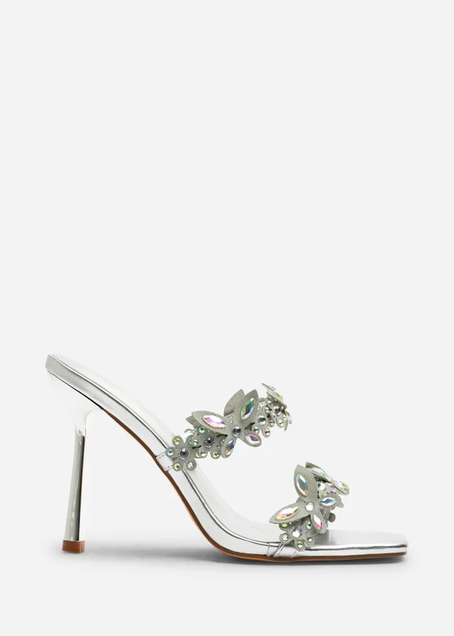 Where's That From Dazira Silver Cut Out Flower Trim Detail Heeled Mules