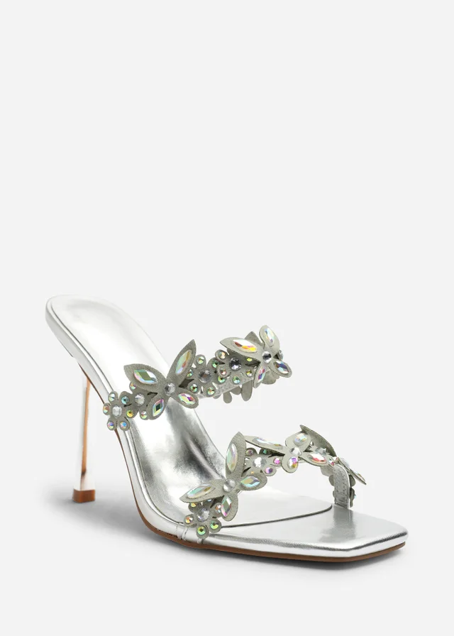 Where's That From Dazira Silver Cut Out Flower Trim Detail Heeled Mules