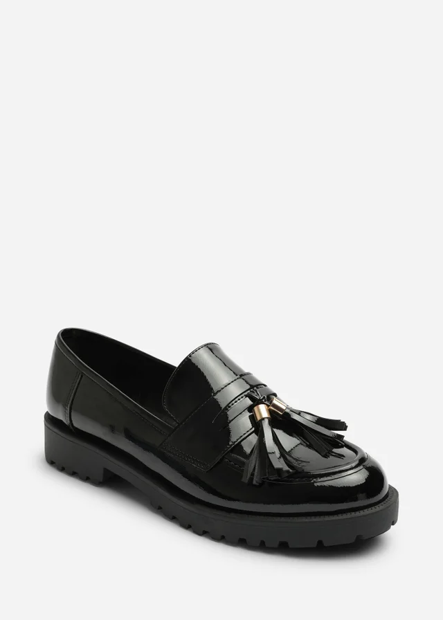 Where's That From Elyse Black Chunky Tassel Trim Detail Patent Loafers