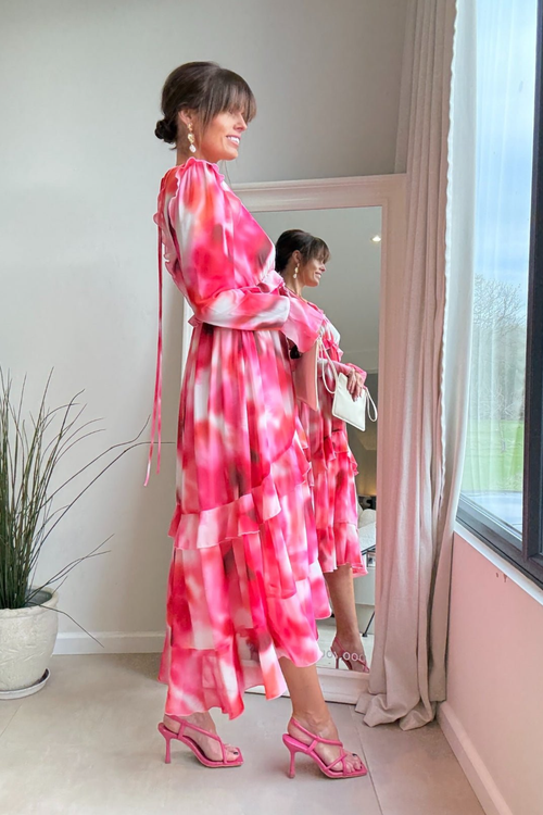 Style Cheat Pink Abstract Birdie Frill Tie-Back Dress - 6 Image 3