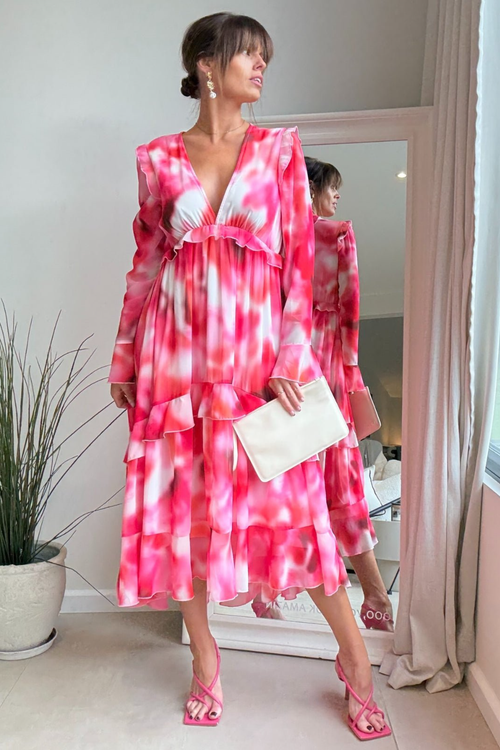 Style Cheat Pink Abstract Birdie Frill Tie-Back Dress - 6 Image 1