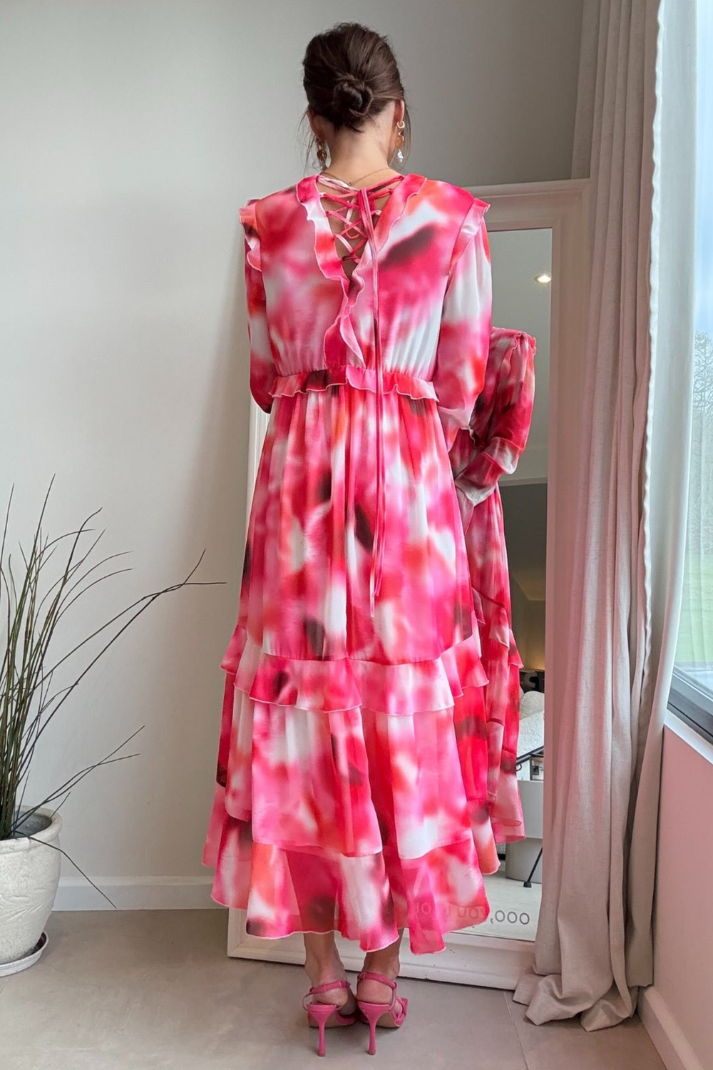 Style Cheat Pink Abstract Birdie Frill Tie-Back Dress - 6 Image 4