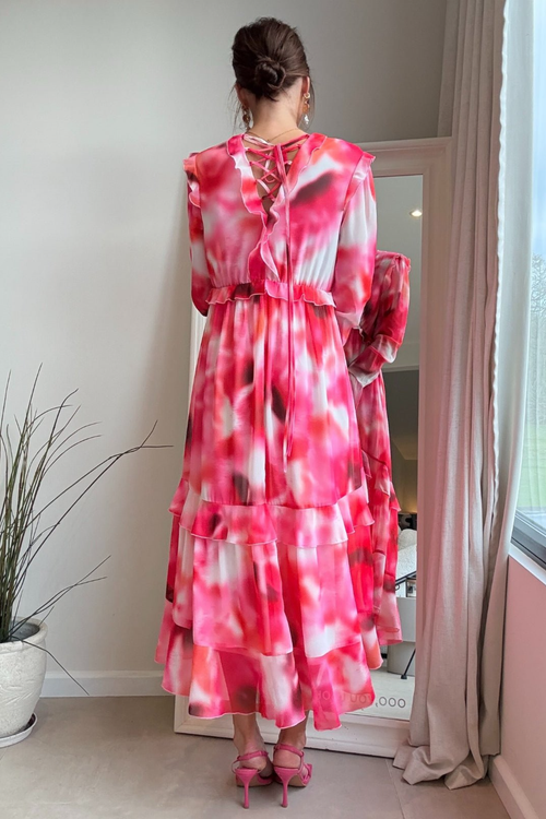 Style Cheat Pink Abstract Birdie Frill Tie-Back Dress - 6 Image 4