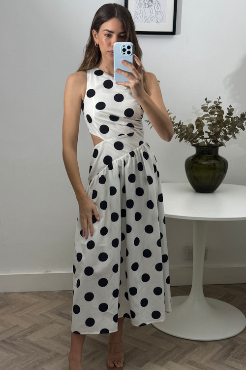 Style Cheat Dotted White Jasmine Cut-Out One-Shoulder Midi Dress - 10 Image 1